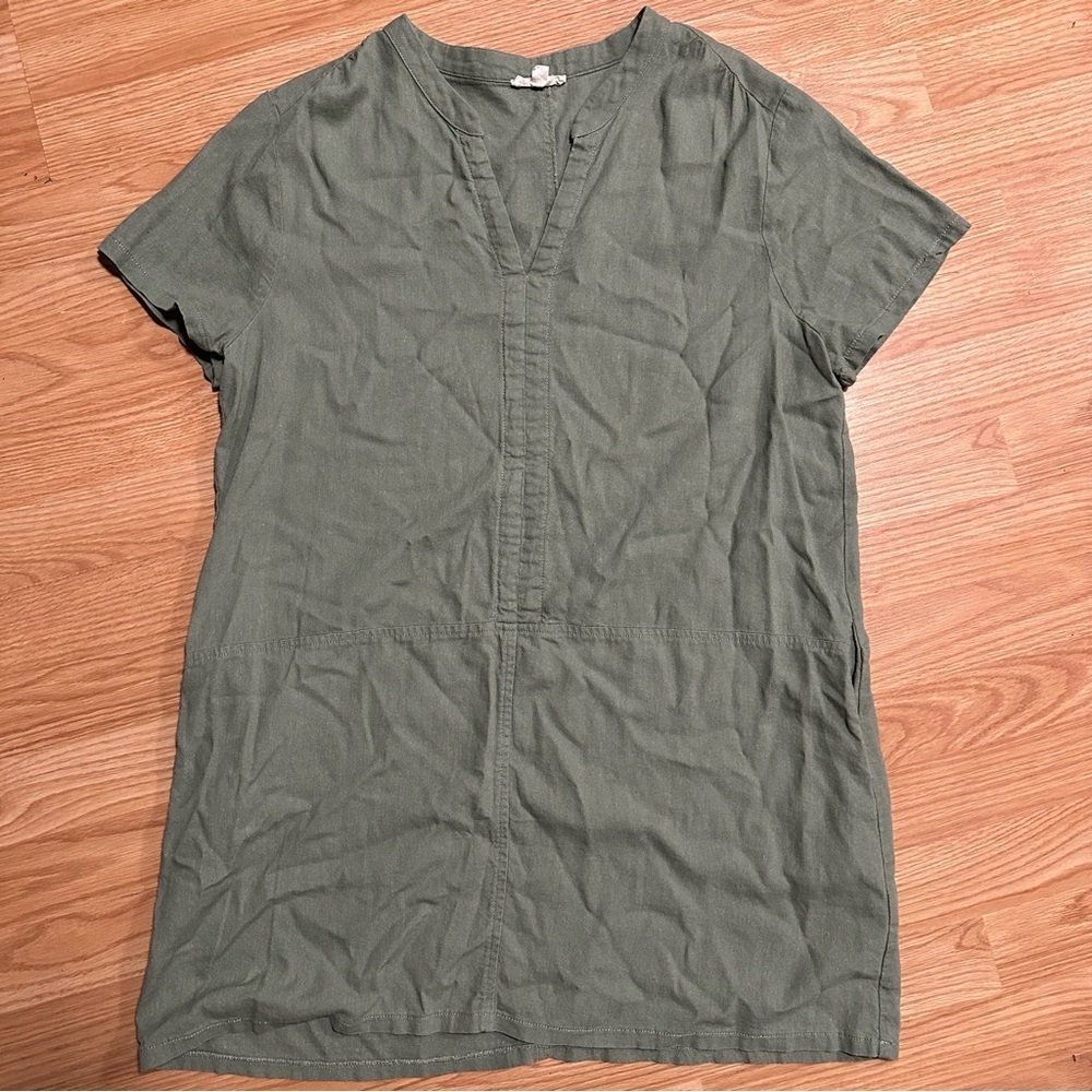 Green cotton linen blend medium short sleeve pockets tunic mini shift dress - Picture 1 of 7